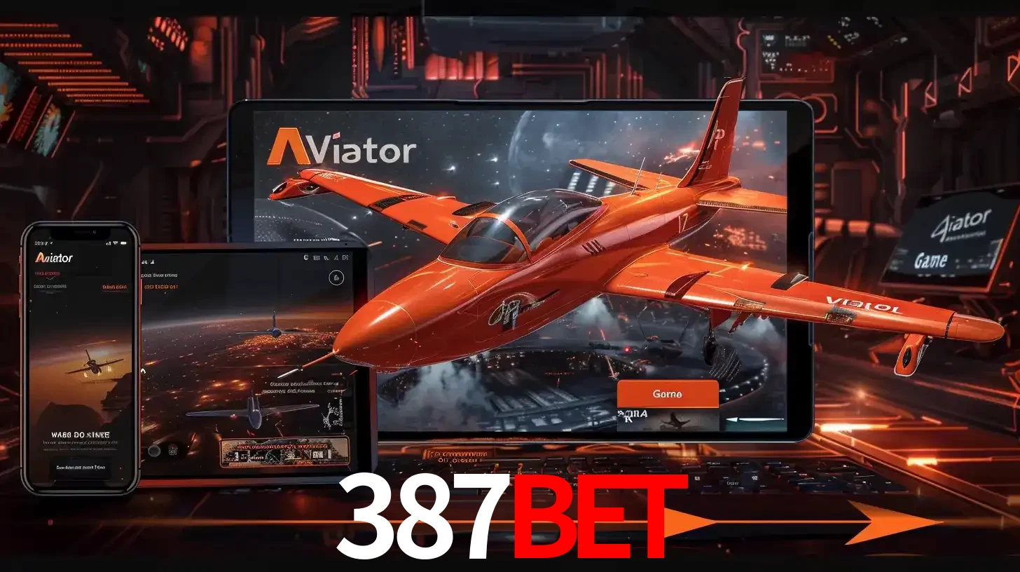 Apresentação tecnológica do jogo Aviator com um avião saindo da tela de um tablet, demonstrando a experiência imersiva em múltiplos dispositivos no 387BET.