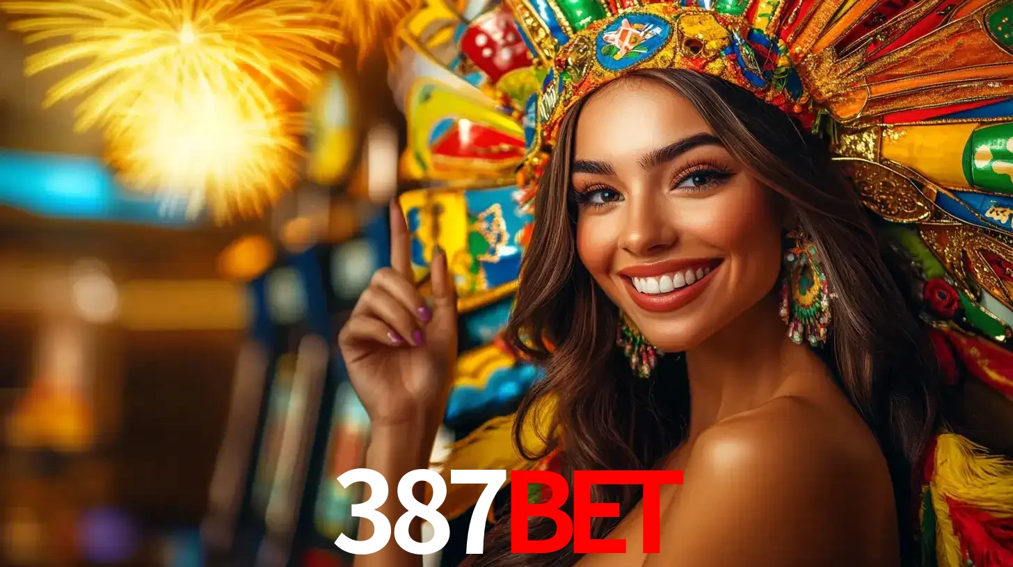 Mulher sorridente com um cocar de carnaval vibrante e colorido, celebrando uma grande vitória nos jogos do cassino 387BET com fogos de artifício ao fundo.