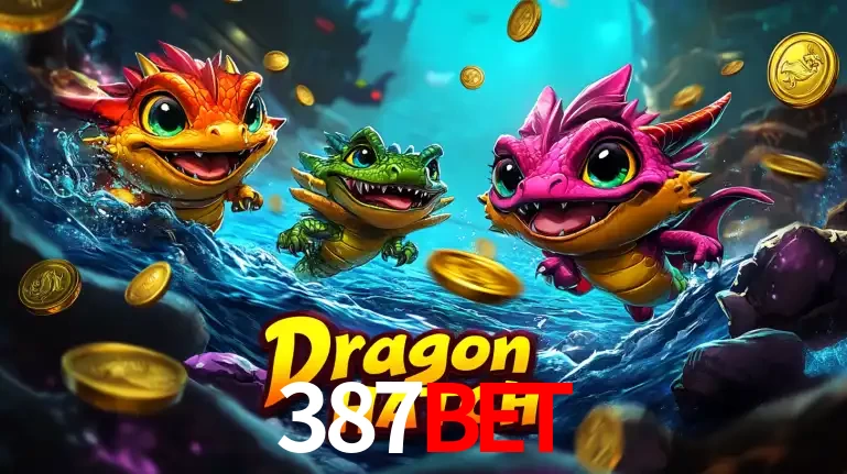Arte promocional do jogo Dragon Hatch com três adoráveis dragões bebês nadando entre moedas de ouro, um dos slots mais divertidos para jogar no cassino 387BET.