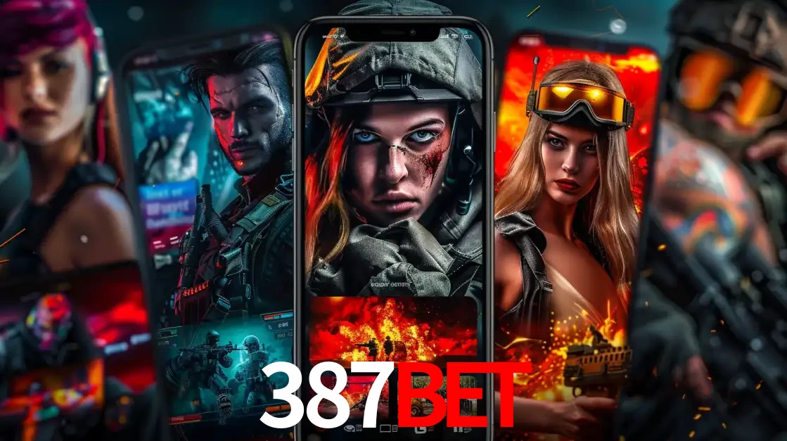 Montagem de telas de celular mostrando diversos personagens, masculinos e femininos, de um jogo de tiro, ilustrando a diversidade de equipes de e-sports para apostar no 387BET.