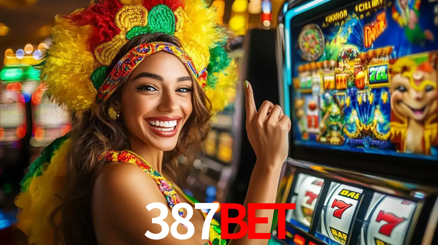Mulher animada com um cocar de carnaval apontando para uma máquina de caça-níqueis, mostrando a emoção de ganhar um grande prêmio nos jogos do 387BET.