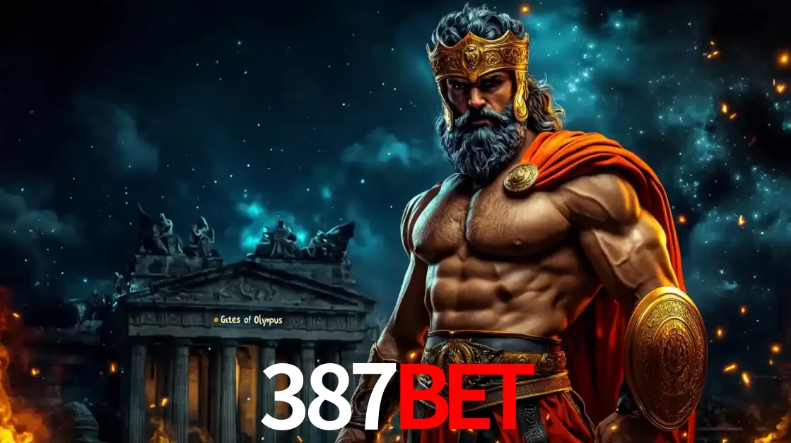 O poderoso Zeus do jogo de slot Gates of Olympus em frente ao seu templo, pronto para lançar multiplicadores divinos e prêmios épicos no cassino online 387BET.