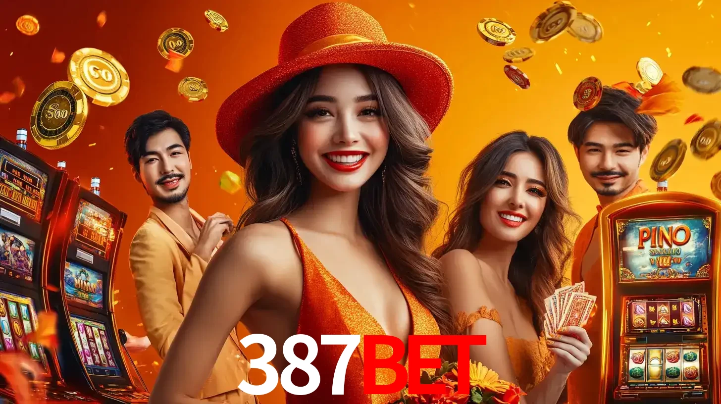 Grupo de amigos asiáticos sorrindo e se divertindo com máquinas de caça-níqueis em um ambiente festivo, celebrando suas vitórias nos jogos de cassino do 387BET.