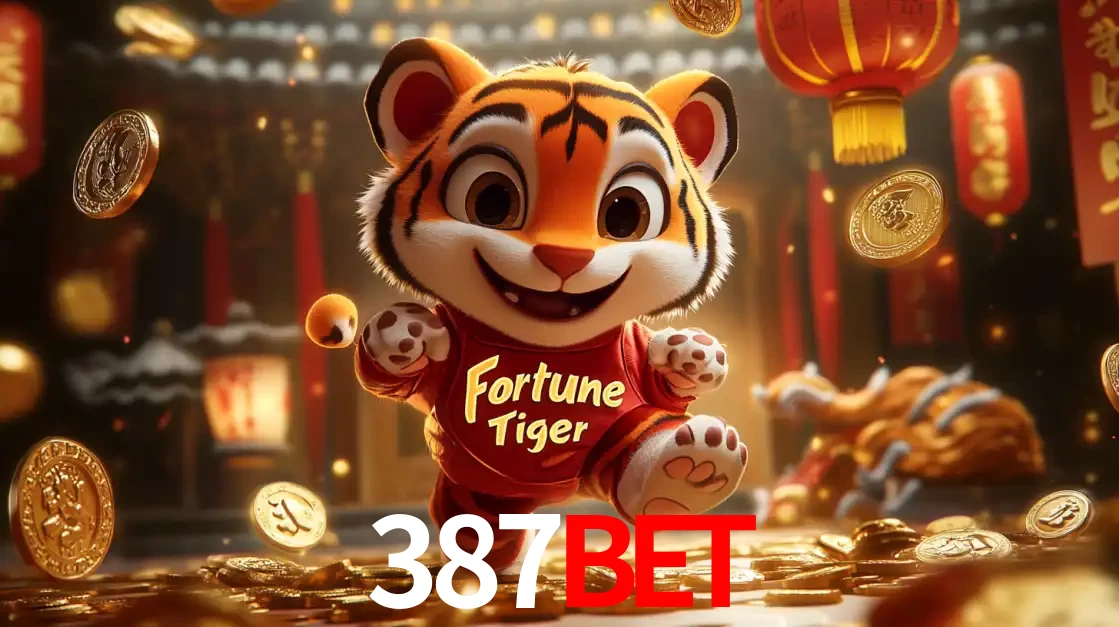 O alegre personagem do Fortune Tiger correndo sobre um caminho de moedas de ouro, simbolizando os grandes prêmios e a diversão do popular jogo de slot do 387BET.