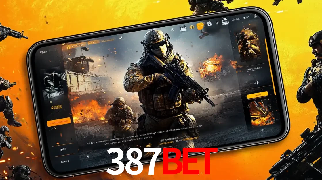 Um smartphone exibindo a interface de um jogo de tiro em primeira pessoa, com um soldado em um cenário de batalha, representando a ação dos e-sports para apostar no 387BET.