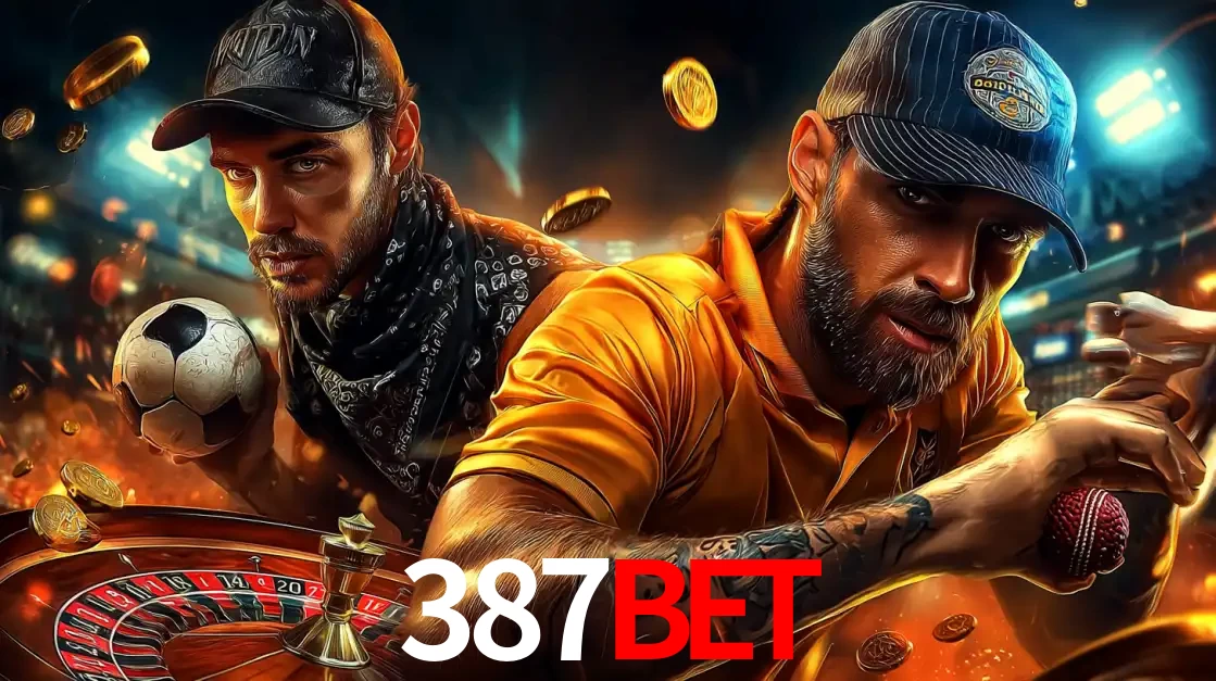 Montagem de apostas esportivas e cassino no 387BET, com um homem segurando uma bola de futebol e outro uma de beisebol sobre uma roleta e moedas voadoras.