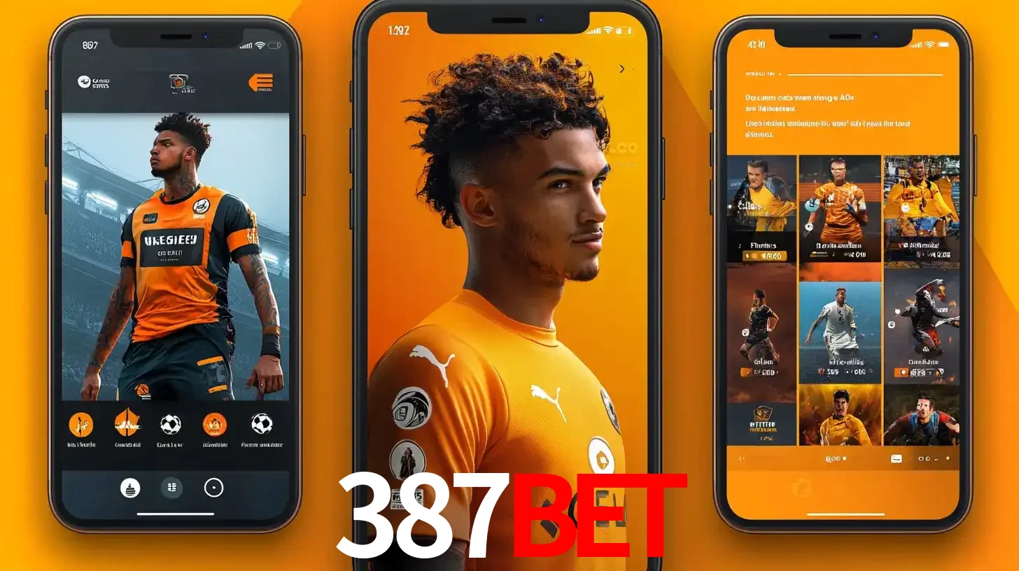 Interface do aplicativo de apostas esportivas 387BET em três telas de celular, mostrando o perfil de um jogador de futebol e a lista de jogos disponíveis para apostar.