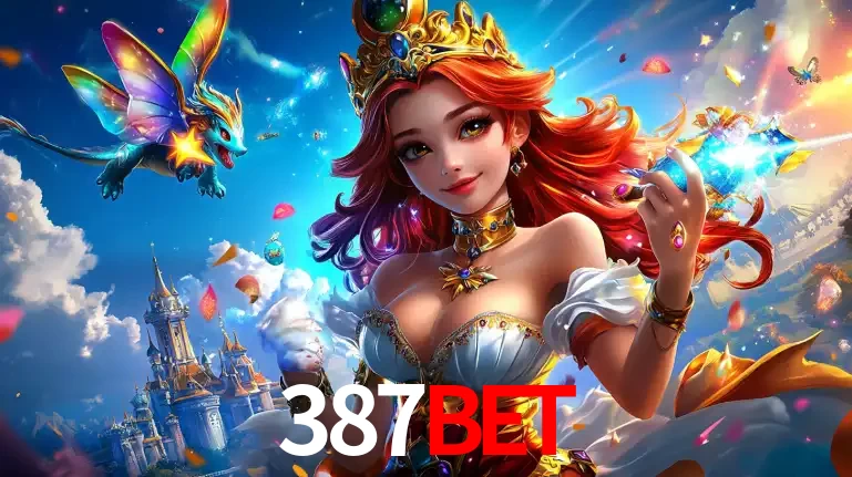 A princesa de um reino de fantasia mágico, com seu pequeno dragão, apresentando um mundo de prêmios encantados nos jogos de caça-níqueis do cassino 387BET.