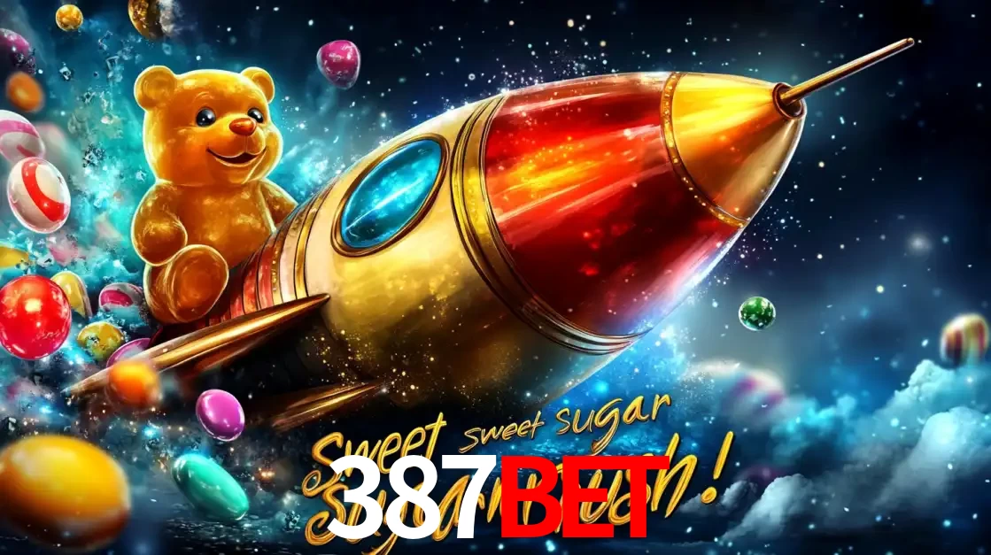 Arte promocional do jogo de slot Sugar Rush, com um urso de pelúcia em um foguete viajando pelo espaço de doces, um dos jogos divertidos disponíveis no cassino 387BET.