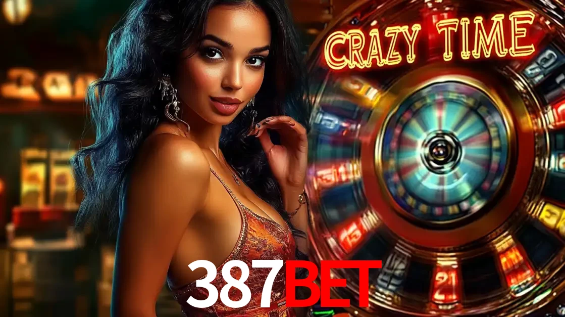Mulher elegante ao lado da vibrante roda da fortuna do jogo de cassino ao vivo Crazy Time, um dos game shows mais populares e cheios de prêmios do 387BET.