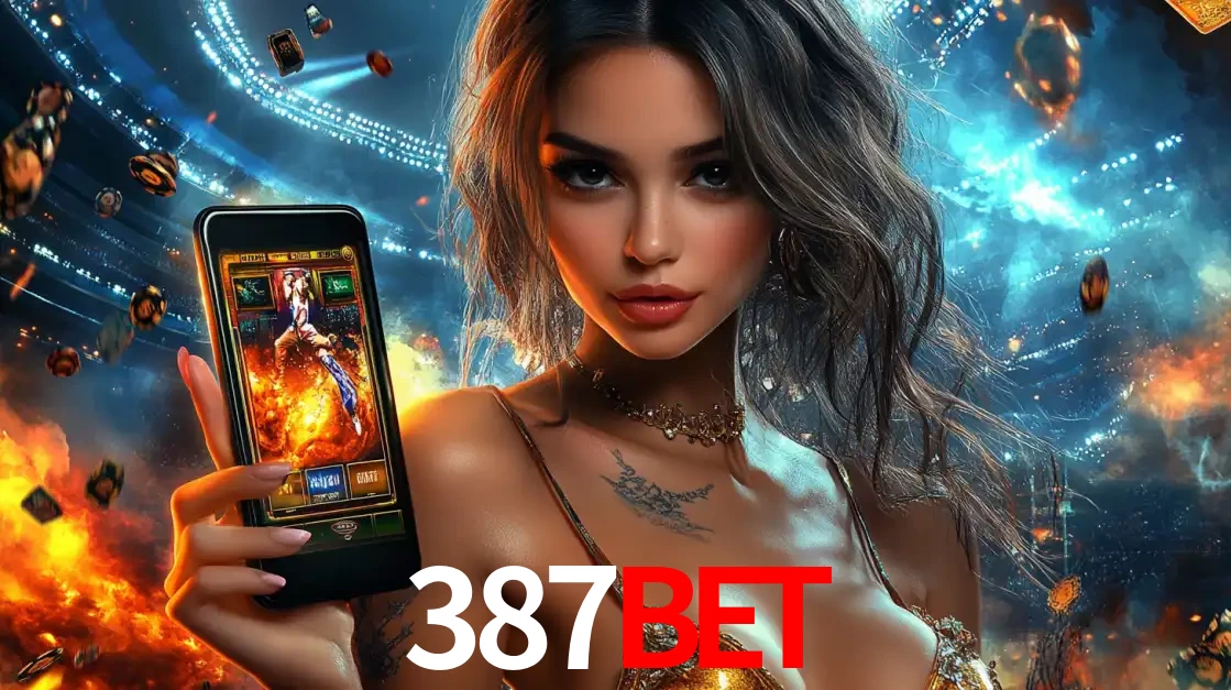 Mulher segurando um celular com um jogo de slot em destaque, tendo como fundo um estádio vibrante, simbolizando a emoção de jogar no cassino móvel 387BET.